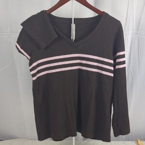 L.A. Blues Chocolate Brown Ribbed V-Neck Long Sleeve Top with Light Pink Stripes